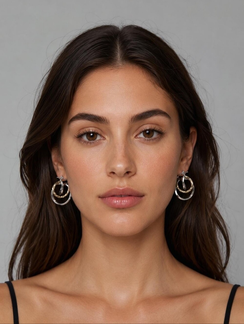 Two-Tone Silver and Gold Double Hoop Pierced Earrings - Picture 2 of 6